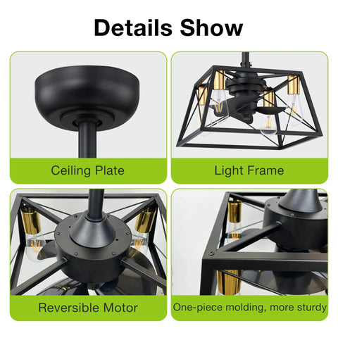 Details of Enclosed Caged Square Ceiling Fan With Retro Industrial Metal Cage, Low Profile Flush Mount, components highlighted