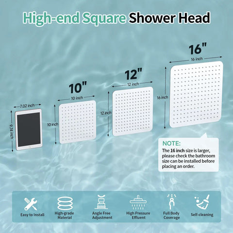 Luxury 12 Inch Square Stainless Steel Shower Head With High Pressure Rainfall Ultra Thin Design Water Saving Polished Chrome Finish featuring size comparison chart with 10 and 16 inch options