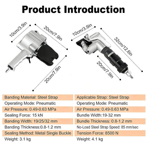 Diagram of Pneumatic Steel Strapping Tool For Heavy Duty Packaging, 8500N Tension, No Power Supply Needed showing dimensions