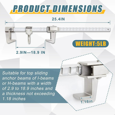 Product dimensions of Heavy Duty Sliding Horizontal Beam Anchor For I And H Beams, measuring 25.4 inches, weighs 5 lb.