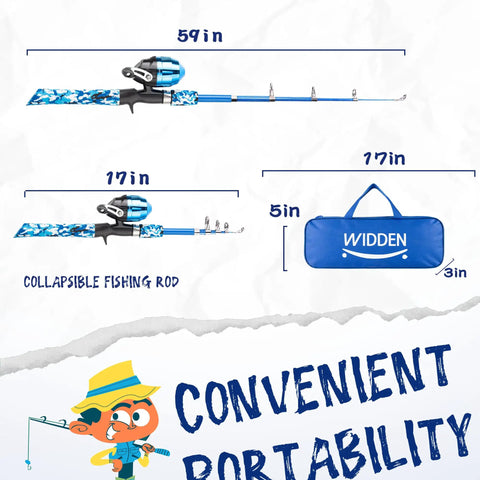 Two Pack Kid Friendly Telescopic Fishing Poles Set With Reel shown in collapsed and extended form with carrying case.