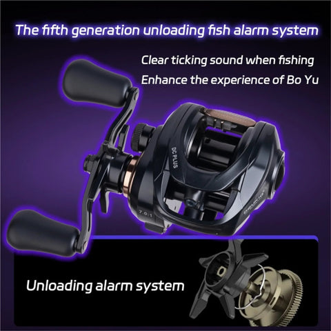 Baitcasting fishing reel, front view, right-handed, 7.0:1 gear ratio, dual brake system, black finish.