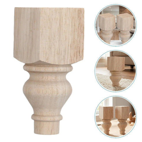 Round Solid Wood Table Legs 2 Pack In Khaki Finish Turned Wood Sofa Legs With Carved Unfinished Surface displayed in a room setting.