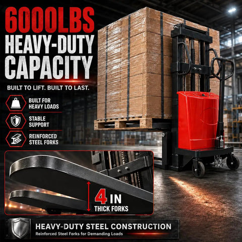 Rock Solid 6000 Lbs Heavy Duty Semi Electric Pallet Stacker With Adjustable Steel Forks, 4 inch thick forks lifting stacked pallets.
