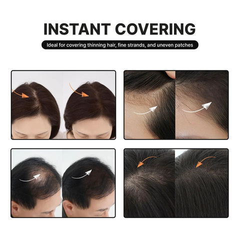 Dark Brown Hair Powder Root Touch Up Stick For Fast Gray Coverage shown in before and after results on thinning hair.