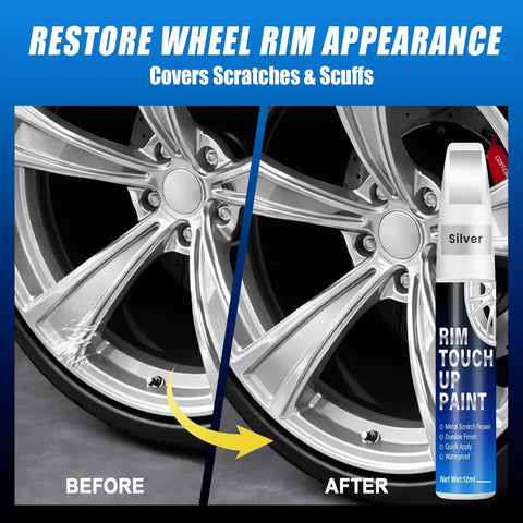 Universal Silver Rim Touch Up Paint With Built In Brush For Curb Rash And Wheel Scuff Scrapes Fast Curing Formula on repaired alloy wheel.