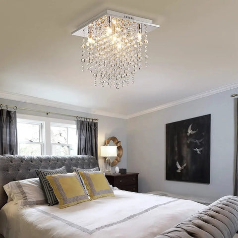 Bedroom with Five Light Modern Flush Mount Crystal Ceiling Light Fixture, chandelier style, G9 bulbs not included, 12x13 inches.