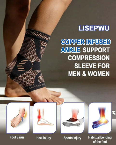 Copper Infused Ankle Brace Compression Sleeve on foot for men and women foot pain relief sprain recovery ergonomic design
