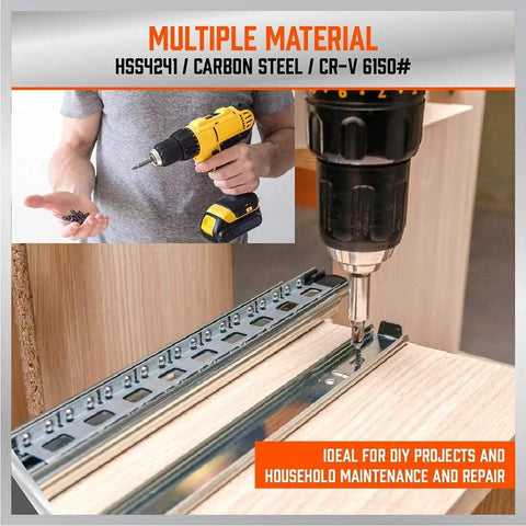 Close-up of a corded drill being used on wood, featuring Premium 246 Piece Drill Bit Set for Wood Metal Concrete with Screw Driving Kit.