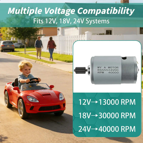 24V RS555 High Speed Gearbox Motor Upgrade For Kids Ride On Cars, image showing voltage compatibility and RPM rates