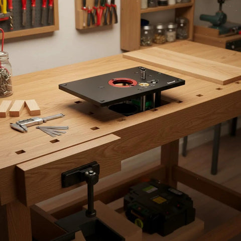 Killer Precision Router Lift Table Insert Plate with Heavy Duty Aluminum Alloy trim mounted on a woodworking bench.