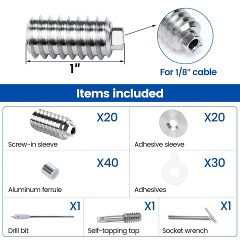 Invisible Cable Railing Kit For Wood Posts 4x4 To 8x8 One Eighth Inch Stainless Steel Swage Lag Screws, 20 Pack, Hidden End Design