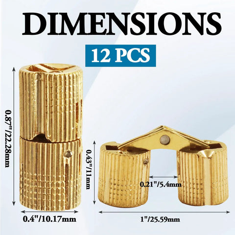 Hidden Brass Barrel Hinges 12 Pack 10mm Concealed Cabinet Hinge Set with 180 Degree Opening dimensions view
