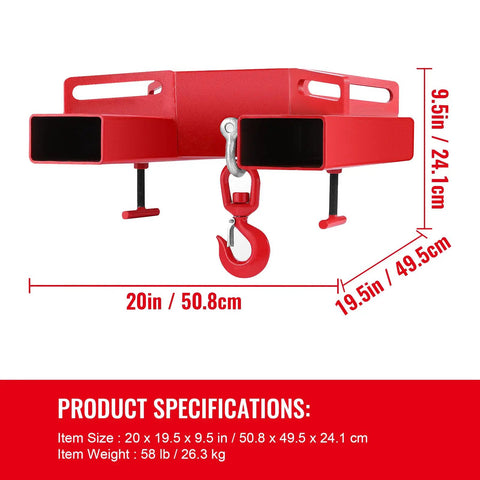 Heavy Duty Forklift Lifting Hook Swivel Attachment For Three Ton Capacity showing dimensions 20in x 19.5in x 9.5in, made of red carbon steel.