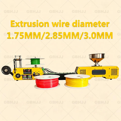 Desktop 3D Filament Extruder Recycler With Auto Coil Winding And Integrated Filament Holder and multiple colored filament spools.