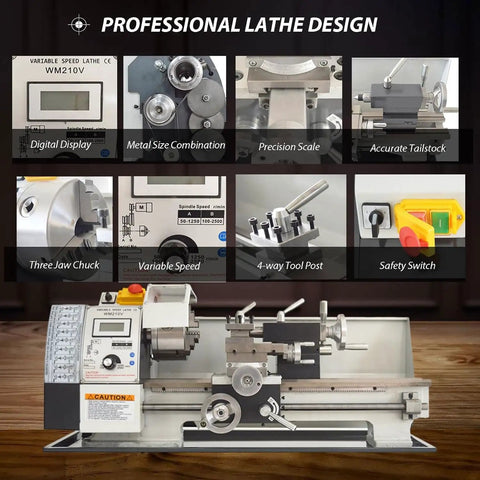Compact Mini Lathe For Metal Machining 50-2500 Rpm Variable Speed W/ 1 5 Inch Spindle Bore Precision Benchtop Tool display features.