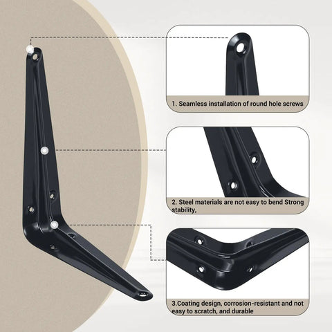 Detailed view of Beefy Heavy Duty Metal Floating Shelf Brackets 5x6 Inch Black L Shaped with round holes and corrosion-resistant coating.