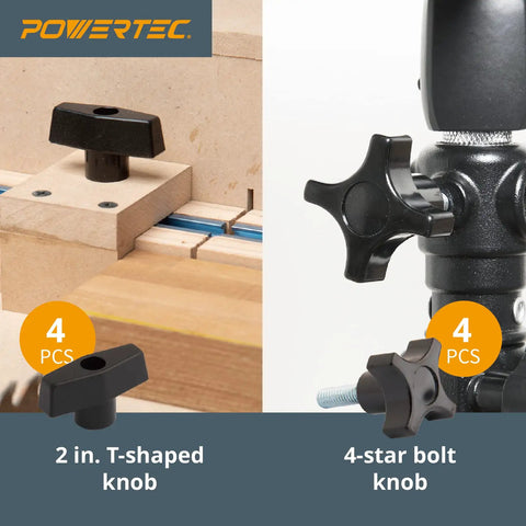 T Track Knob Kit With 1/4-20 Bolts And Washers, 46 Piece Set showing 2 in. T-shaped knobs and 4-star bolt knobs for woodworking.