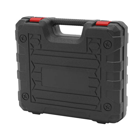 Black protective case for 21V Cordless Metal Shear with Swivel Head and Two Speed Modes for Cutting Stainless Steel, Aluminum, and Plastic.
