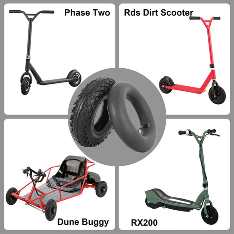 Tear Up Trails With This Rock Solid 200X50 Dirt Scooter Knobby Tire Inner Tube 8X2 Off Road Go Kart Replacement Block Tread For Dune Buggy RZ Phase Two Rx200 tire and tube shown with scooters and dune buggy.