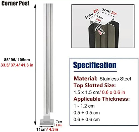 Hella Durable 304 Stainless Steel Corner Post For Glass Railing With Rock Solid Rectangle Base Built Tough For Commercial Deck Balcony Hotel Handrail Support At 37 Point Four Inch Height, 105cm height, 11cm base.
