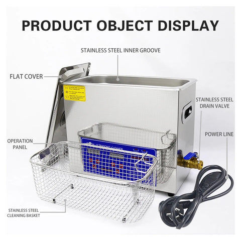 Heavy Duty Heated Ultrasonic Cleaner With Digital Timer And Thick Commercial Grade Stainless Steel Wash Tank with basket and operation panel.