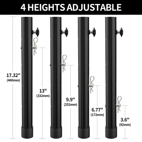Heavy Duty Table Leg Extenders For Folding Tables Featuring Four Adjustable Heights. Four black steel extenders displayed with heights labeled.