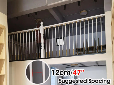 White Aluminum Railing Posts 37.4 Inch Deck Spindles 100 Pack With Adjustable Connectors And Shoe Base 270 Degree Angle Changeable No Sweat Setup Guardrail Uprights For Stairs with highlighted spacing details.