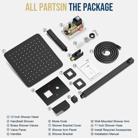 Top Shelf Matte Black Rain Shower Set With Heavy Duty Solid Brass Mixing Valve And 10 Inch Round Head components, including shower head and valves.