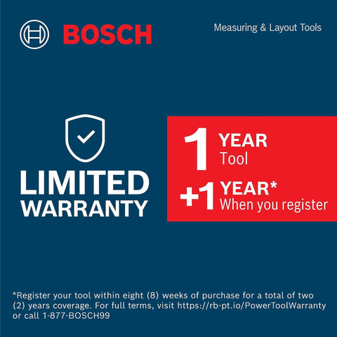 Bosch limited warranty details for GLL 55 Self Leveling Cross Line Laser With Visimax Technology Delivers Bright Line Visibility.