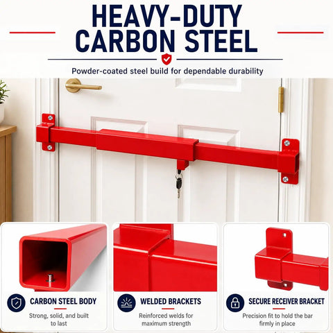 Built Tough Carbon Steel Door Security Bar in red, adjustable 32-38 inches, designed for robust locking on doors.