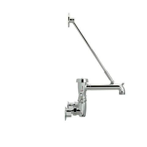Side view of AquaSpec Wall Mount Service Sink Faucet with 8-inch spout, chrome finish, vacuum breaker, pail hook, and wall brace.
