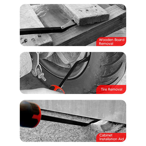 Heavy Duty 8 Inch Pry Bar Set Featuring Curved Hook Head And Integrated Strike Hammer End With Chunky Plastic Grip For Demanding Auto Repair And Knuckle Busting Mechanical Tasks That Get Leverage Worked Easy during wooden board removal.