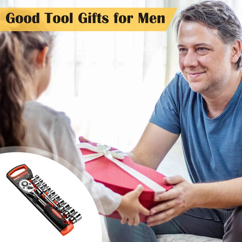 Man receiving gift with a One Half Inch Drive Ratchet Socket Set With Ten Sockets shown in the bottom left corner.