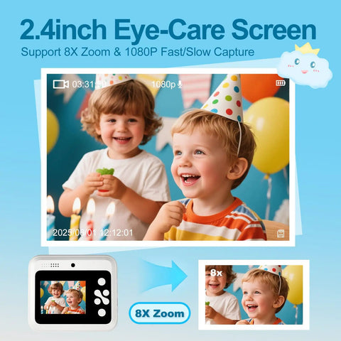 Dope Kids Instant Print Camera With 32GB Card Includes 4 Photo Paper Rolls 2.4-inch screen, kids taking birthday photos