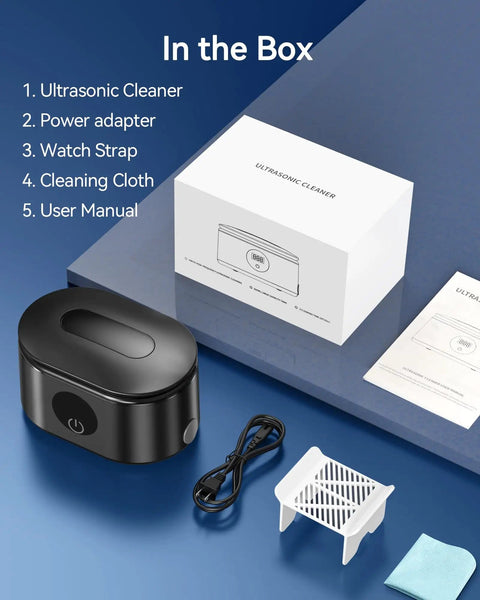 48KHz Ultrasonic Jewelry Cleaner Pro Grade Deep Cleaning Machine With 20oz 304 Stainless Steel Tank, accessories shown.