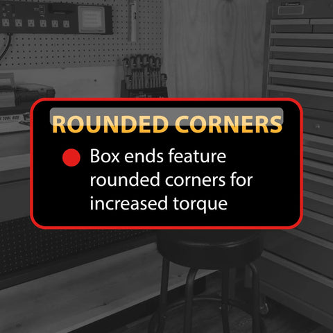 Rounded corners description of combo wrench with high torque box end for increased torque, ideal for auto and garage work.
