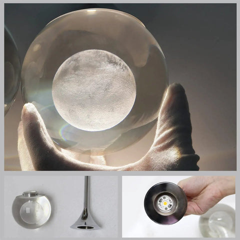 Crystal Pendant Light With Moon Glow, Modern Chrome Finish, Dimmable LED 5W Mini Hanging Light close-up of globe and LED