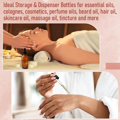 Twelve Knockout Amber Glass Dropper Bottles With Three Slick Stainless Steel Funnels And One Long Graduated Pipette Plus Twenty Four Waterproof Labels For Essential Oils And Hassle Free Beauty Blends on a spa table.