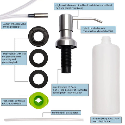 Brushed Nickel Sink Soap Dispenser Kit With 39 Inch Extension Tube Kit showing components, including nozzle and bottle