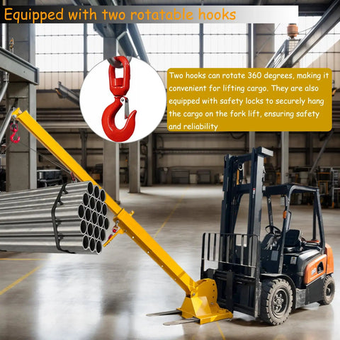 Heavy Hitter Telescoping Forklift Jib Boom Crane Attachment with dual hooks for safe cargo lift in warehouse setting.