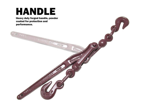 Heavy Duty Lever Load Binder One Quarter Inch Chain For Cargo Control And Tie Down Built Tough With Extra Strength And A 3150 Lbs Working Load Limit Forged Alloy Steel shown with maroon handle and hooks
