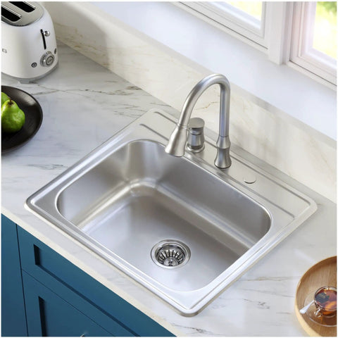 Hillwood Single Handle Two Hole Kitchen Faucet With Pull Down Sprayer Chrome Finish on a countertop above a stainless sink