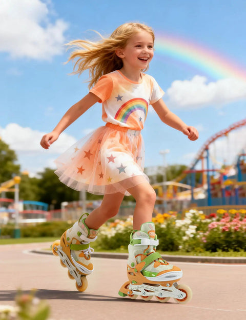 Girl skating outdoors in Adjustable Inline Skates For Kids Ages 12 To 16 Youth Size Y6 To Y8 Light Up Wheels Orange