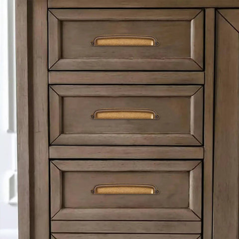 Antique Brass Cup Pulls 3 Inch Center To Center 10 Pack Heavy Duty Cabinet And Drawer Handles for kitchen hardware installed on drawers.