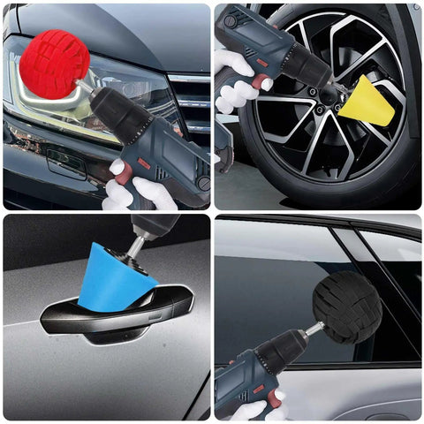 Six Piece Car Wheel Polishing Kit With Foam Cones And Balls One Quarter Inch Hex Extension Holder Pro Grade Dope Buffing Pads
