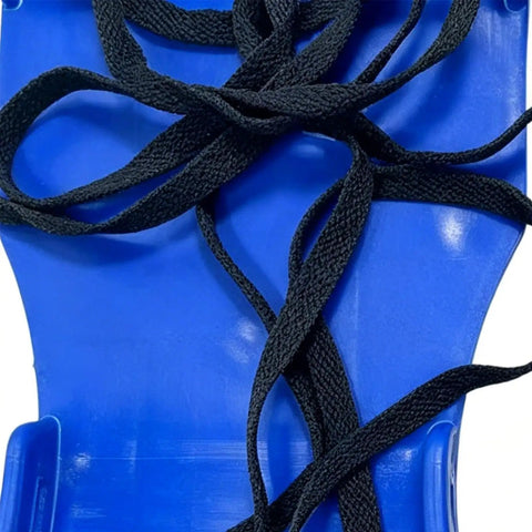 Close-up of black laces on blue base of Lawn Aerator Shoes With Heavy Duty Adjustable Spiked Soles For Yard And Garden Aeration.
