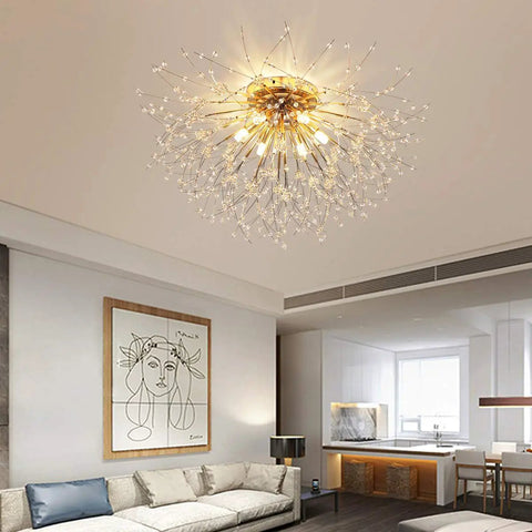 Six Light Firework Sputnik Statement Chandelier Modern Crystal Pendant Lighting Semi Flush Mount 24 Inch LED Gold Finish Fixture