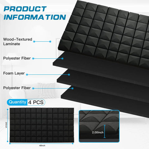 Four Piece Black Acoustic Foam Wall Panels 48 By 24 By 2 Inches High Density Fire Resistant Sound Dampening Tiles stacked showing texture.