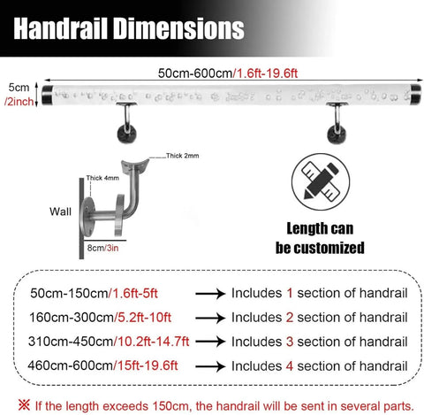 Kickass Grip Durable Transparent Acrylic Handrails For Indoor Stairs And Landings With Dang Solid Stainless Brackets and Flexible Span Lengths to Keep Everyone Secure During Busy House Days Without A Hassle with dimension details.